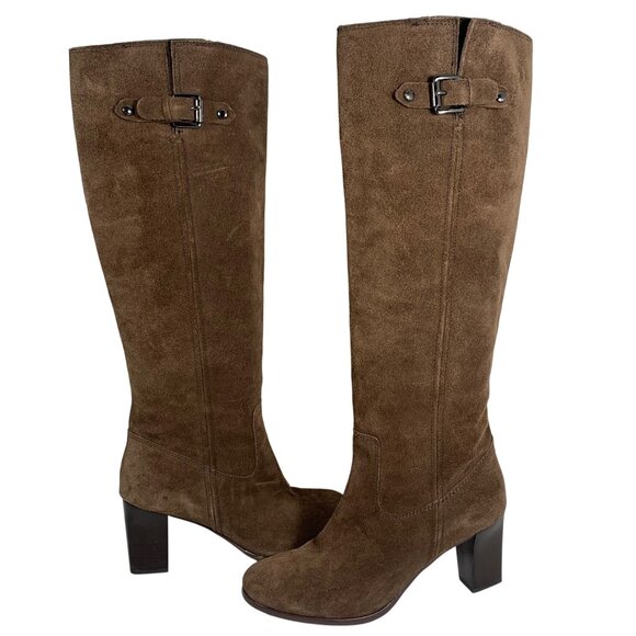MICHAEL KORS Burke Suede Side Buckle Ankle Zip Knee High Heel Boots Womens SZ 9M - Picture 1 of 13